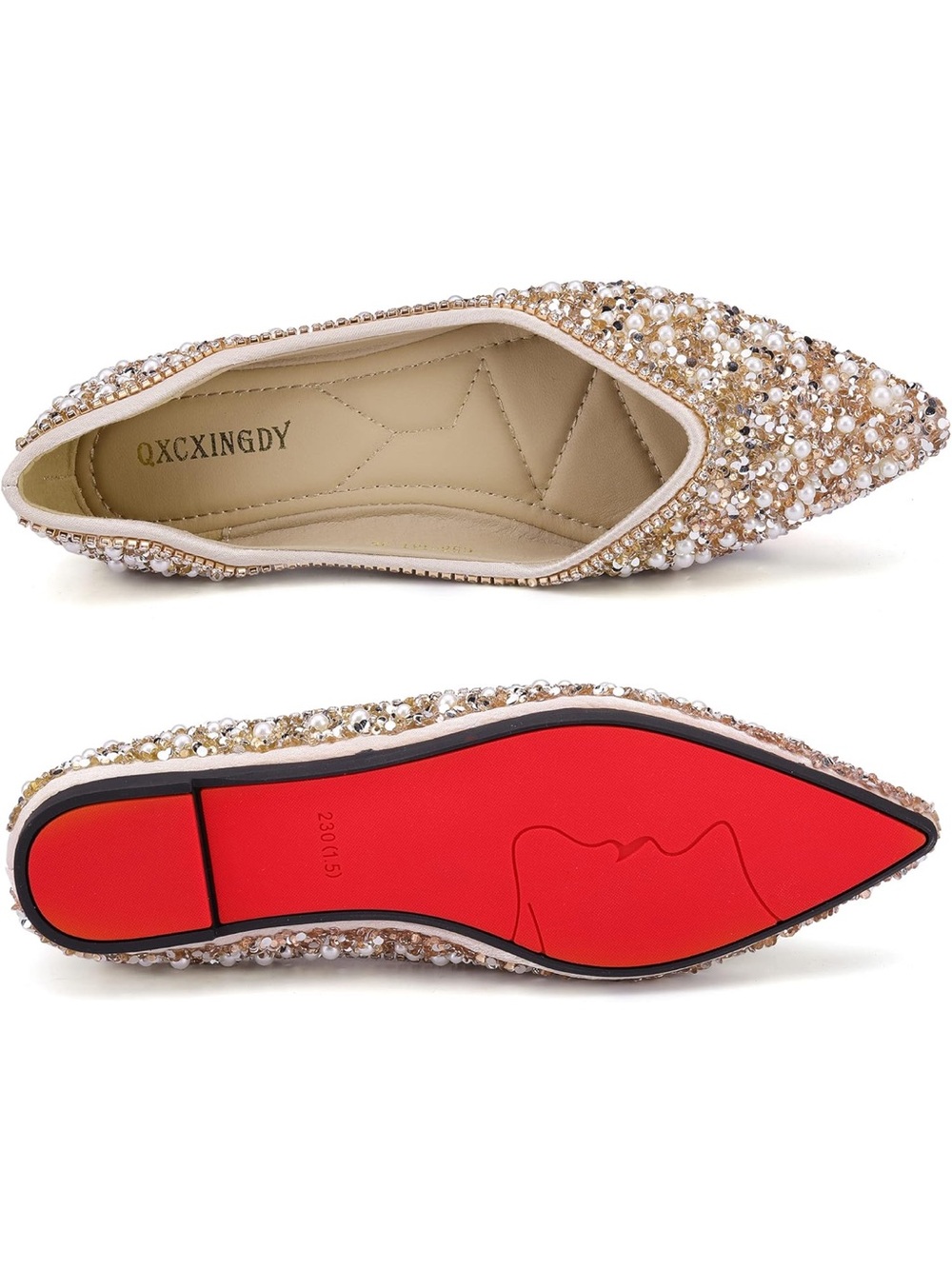 Embellished Pearl Pointed Toe Flat - Champagne - Picture 2 of 14